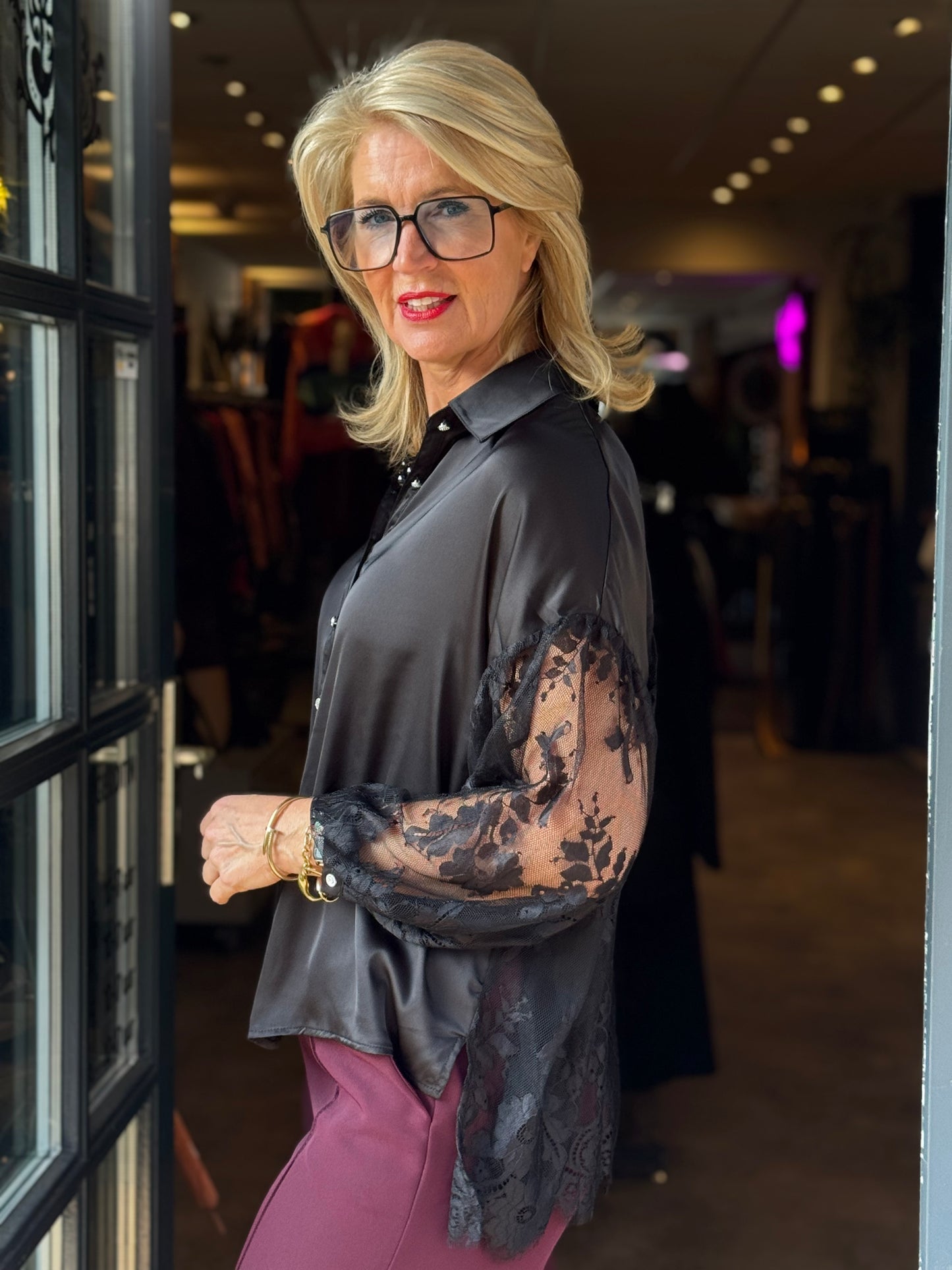 Blouse Satin Lace / Zwart